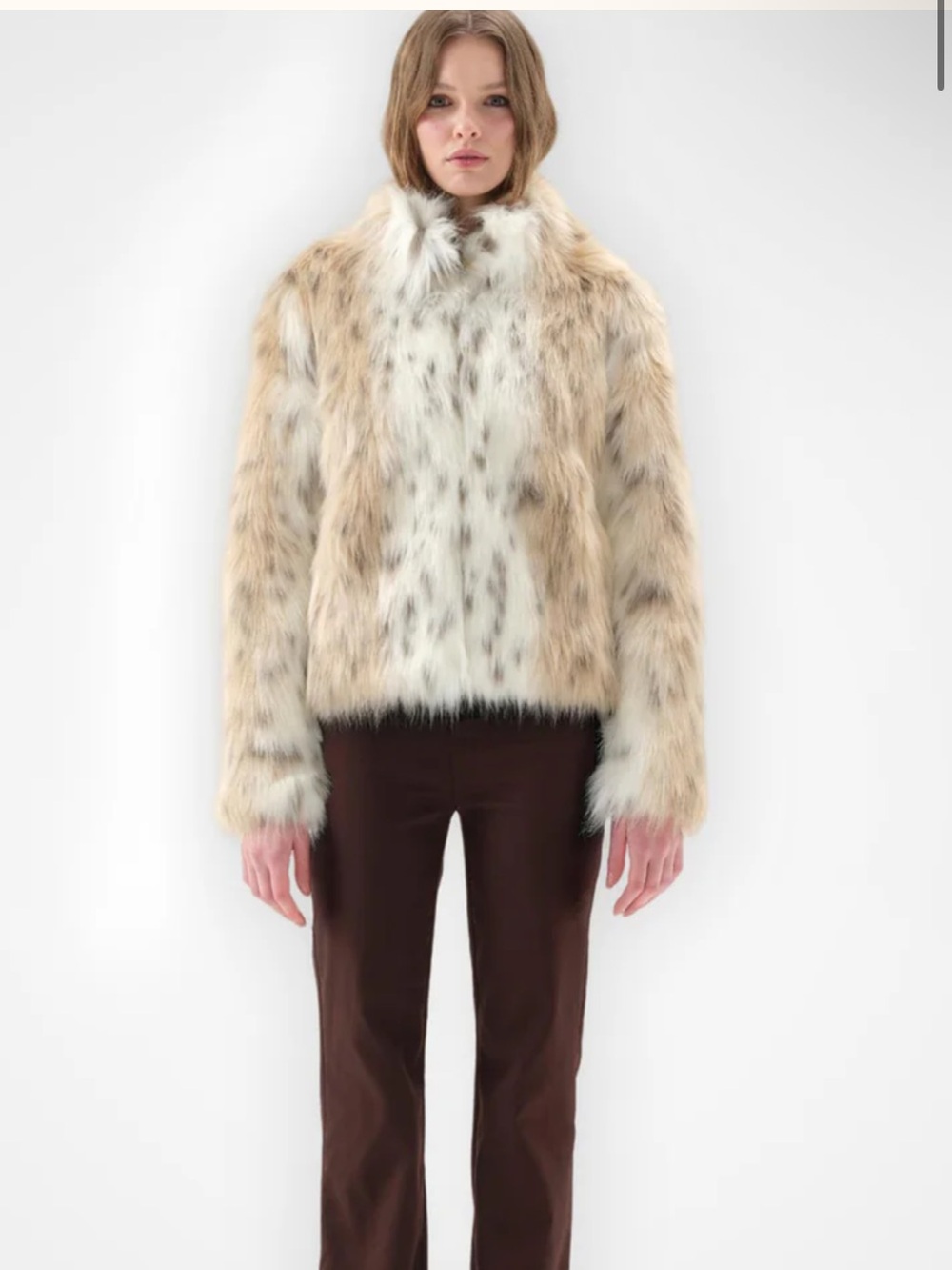 Unreal Fur Spotted Faux Fur Jacket in Cream and Brown